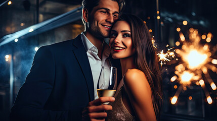 Couple well dressed with champagne glass. On background, people partying and new year