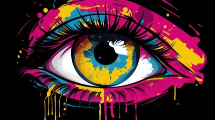 A close up of a person's eye with paint on it. Pop art, ai image.