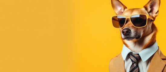 Animal dog portraits, Cool business animal in sunglasses and suit. With copy text space, wide screen. Simple background, Generative AI