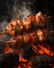 Appetizing pieces of fried kebab on skewers