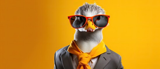 Animal duck portraits, Cool business animal in sunglasses and suit. With copy text space, wide screen. Simple background, Generative AI