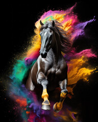 Obraz na płótnie Canvas Jumping black Friesian horse in bright Holi colors