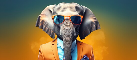 Animal elephant portraits, Cool business animal in sunglasses and suit. With copy text space, wide screen. Simple background, Generative AI