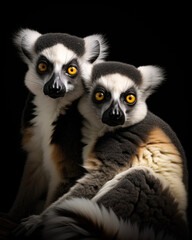 Naklejka premium Family of lemurs with yellow eyes on a black background