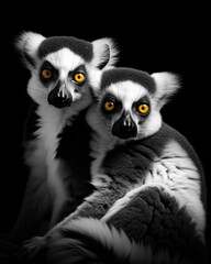 Naklejka premium Family of lemurs with yellow eyes on a black background in black and white format