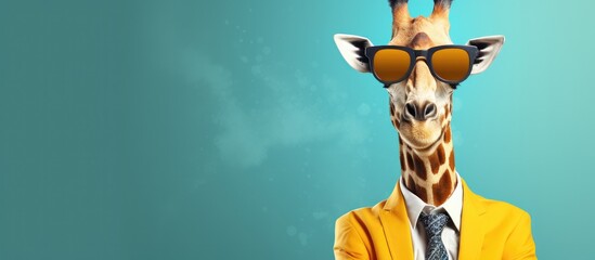 Animal giraffe portraits, Cool business animal in sunglasses and suit. With copy text space, wide screen. Simple background, Generative AI