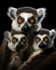 Fototapeta premium Family of lemurs with yellow eyes on a black background