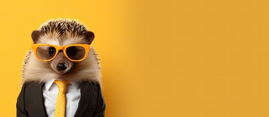 Animal hedgehog portraits, Cool business animal in sunglasses and suit. With copy text space, wide screen. Simple background, Generative AI © dm