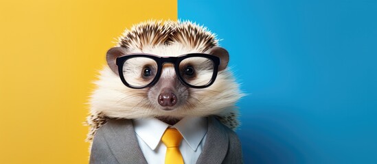 Animal hedgehog portraits, Cool business animal in sunglasses and suit. With copy text space, wide screen. Simple background, Generative AI - obrazy, fototapety, plakaty