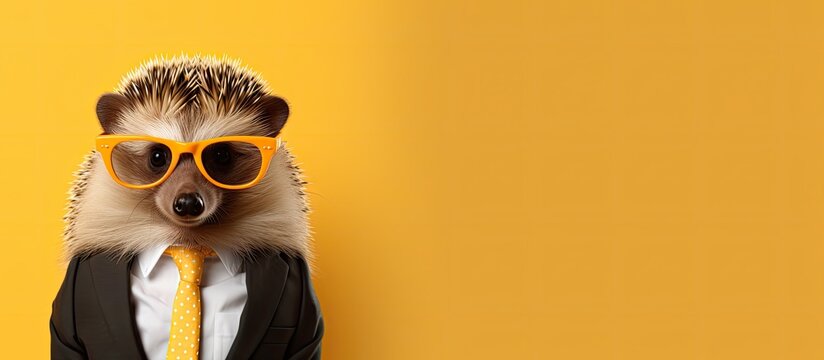 Animal hedgehog portraits, Cool business animal in sunglasses and suit. With copy text space, wide screen. Simple background, Generative AI