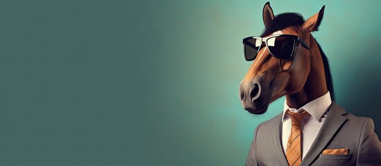 Animal horse portraits, Cool business animal in sunglasses and suit. With copy text space, wide screen. Simple background, Generative AI
