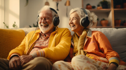 Senior mature couple wearing headphones sits on the sofa listening to the music together. Happy retired people enjoy modern ways of spending their leisure time. New trends and technology for all ages. - obrazy, fototapety, plakaty