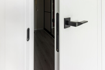 Modern black door handle on white wooden door in interior. Knob close-up elements