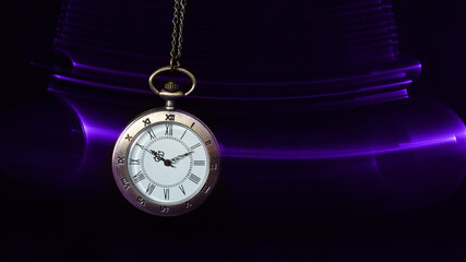 Hypnosis session. Vintage pocket watch with chain swinging over surface on dark background among faded clock faces, magic motion effect
