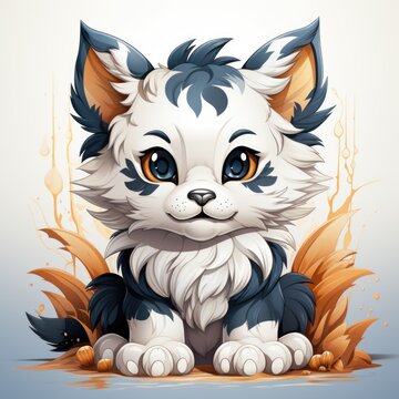 A cartoon cat sitting in the grass with leaves. AI image. Digital clipart.