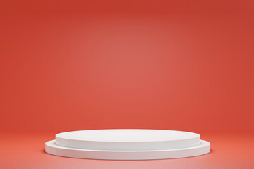 white empty podiums on red background with cylinder stand concept. Blank product shelf standing backdrop. 3D rendering.