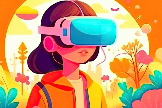 cartoon dark-haired girl plays a game with Viar glasses. AI GENERATOR