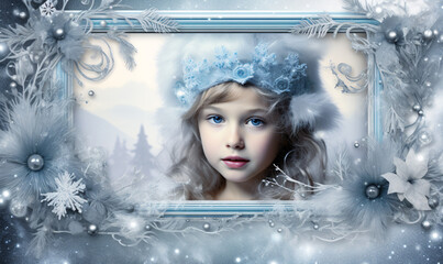 A little winter princess looks out of a fairy tale snow land through a decorative Christmas frame. A magical winter wish. digital AI