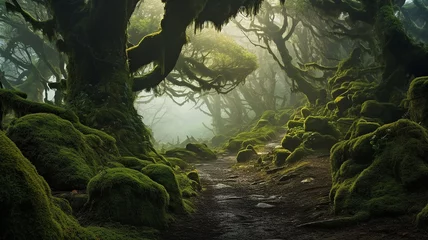 Sierkussen landscape fog in the old forest huge trees covered with moss mystical view. © kichigin19