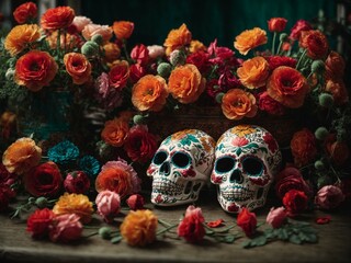 all dead day card with skull and flowers 