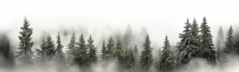 panorama of a coniferous forest in the mist of tree tops.