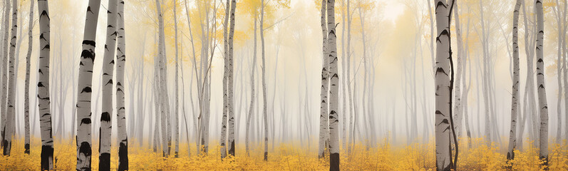 autumn birch forest fog landscape panorama October.