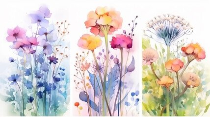 multicolored wildflowers watercolor field drawing summer.