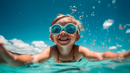 Naklejka premium A child in sunglasses swims in the sea. Generative AI.