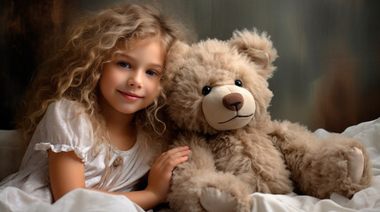 Child With a teddy bear in the room. Generative AI.