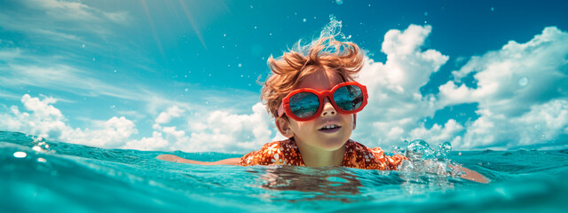 A child in sunglasses swims in the sea. Generative AI.
