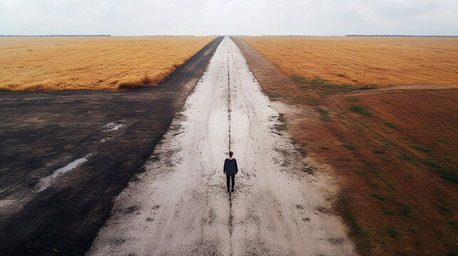 A man stands on a road, the roads go in different directions. Generative AI.