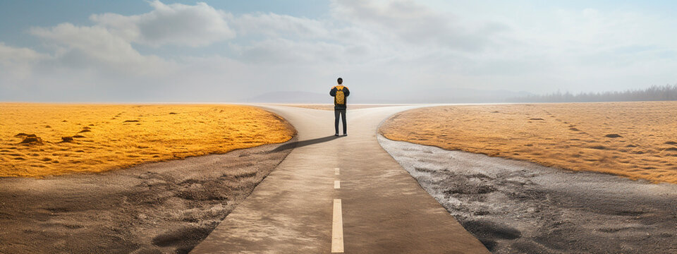 A man stands on a road, the roads go in different directions. Generative AI.