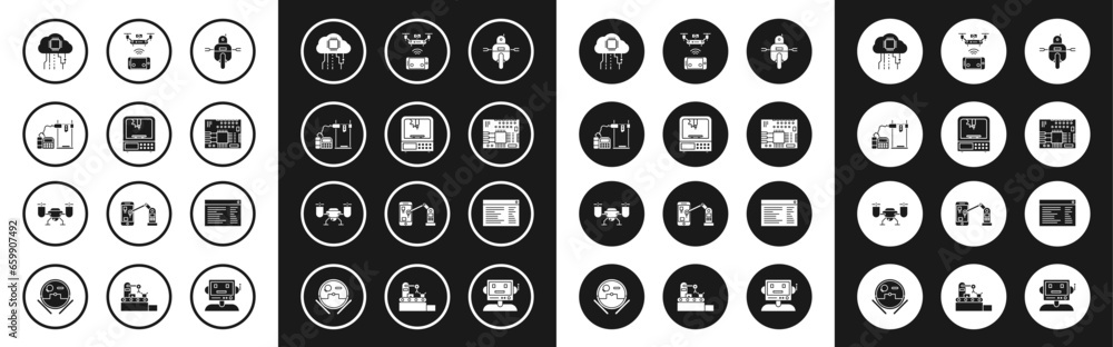 Poster set robot, 3d printer, internet of things, printed circuit board pcb, remote aerial drone, software,