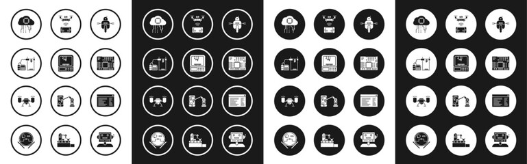 Set Robot, 3D printer, Internet of things, Printed circuit board PCB, Remote aerial drone, Software, web developer programming code and Drone flying with action camera icon. Vector