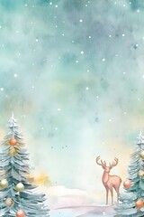 Watercolor pastel Christmas greeting card with a deer among Christmas trees
