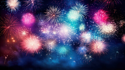 Fototapeta premium Colorful vibrant fireworks on a dark sky background. New Year's Eve concept