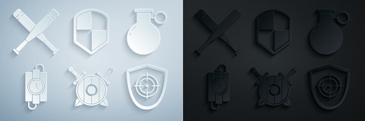 Set Wooden shield with crossed swords, Hand grenade, dynamite stick timer clock, Target sport, Shield and Crossed baseball bat icon. Vector