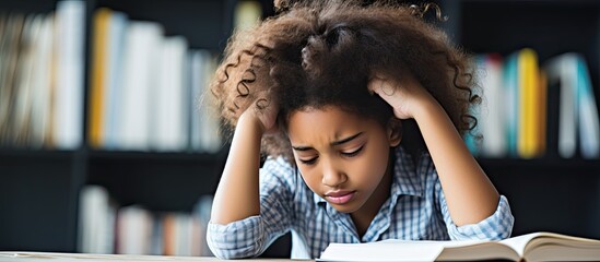 Tired African American school aged child struggling with homework at home looking fatigued while sitting at desk with laptop and book With copyspace for text - obrazy, fototapety, plakaty