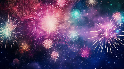 Fototapeta premium Colorful vibrant fireworks on a dark sky background. New Year's Eve concept
