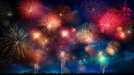Colorful vibrant fireworks on a dark sky background. New Year's Eve concept