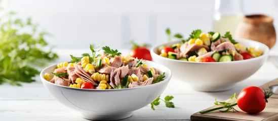 Foto op Canvas Two servings of fresh pasta salad with tuna cucumber sweetcorn on a wooden table With copyspace for text © 2rogan