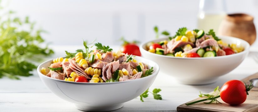 Two servings of fresh pasta salad with tuna cucumber sweetcorn on a wooden table With copyspace for text