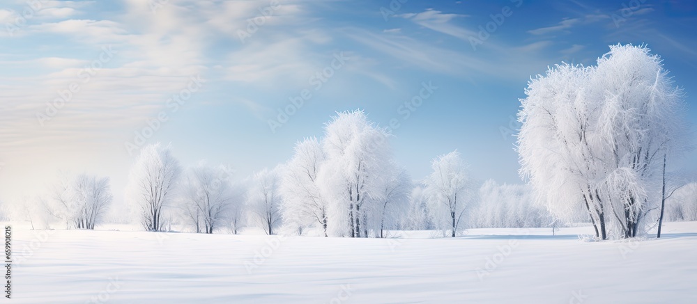 Poster Trees covered in hoarfrost create a stunning winter scene With copyspace for text