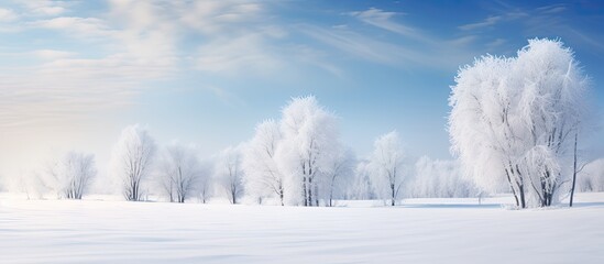 Trees covered in hoarfrost create a stunning winter scene With copyspace for text