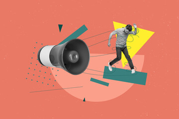 Composite art collage creative picture of funny man marionette listening megaphone narrative...