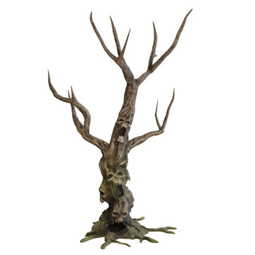 A 3d rendered illustration of a Halloween tree with screaming faces carved on the trunk 