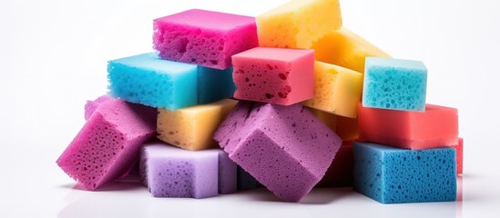 Colorful kitchen sponges stacked alone on white backdrop