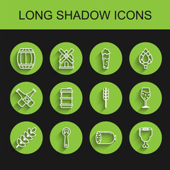 Set line Cereals set with rice, wheat, corn, oats, rye, barley, Bottle opener, Wooden barrel, Salami sausage, Chicken leg, Metal beer keg, Glass of and icon. Vector