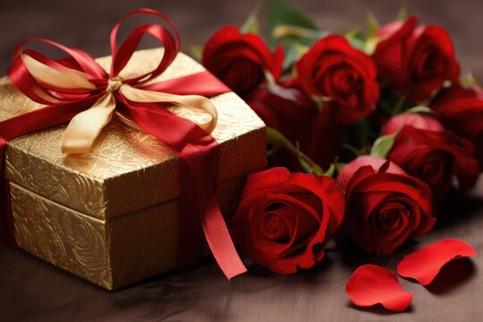 gift and red roses for valentine's day
