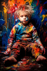 The child got dirty with paints. Generative AI.